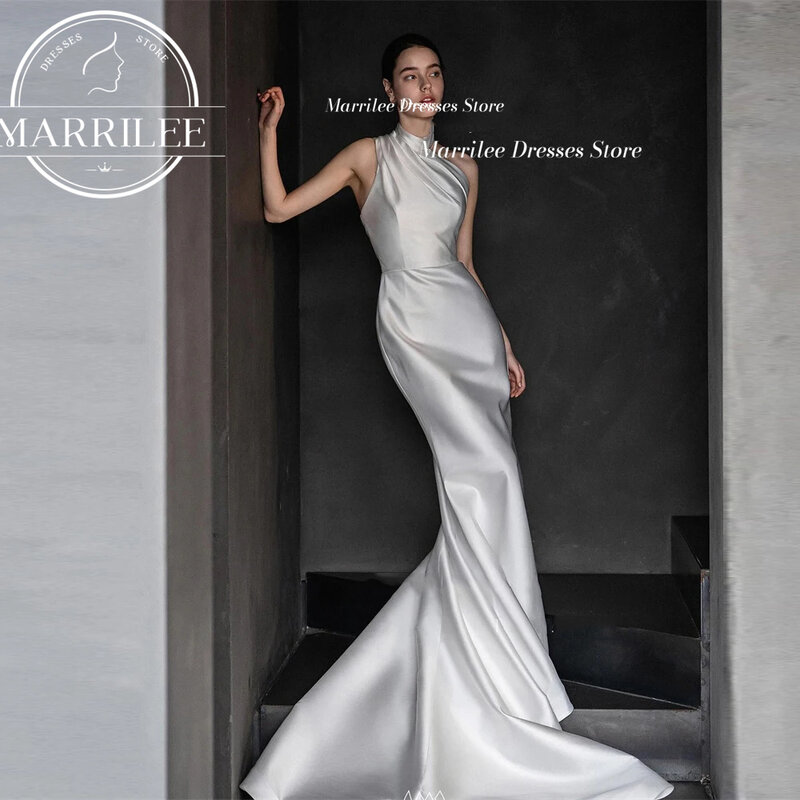 Marrilee Simple Elegant Halter Meimaid Stain Evening Dress Sleeveless Charming High Collar Floor Length Prom Gown Robe de mariée
