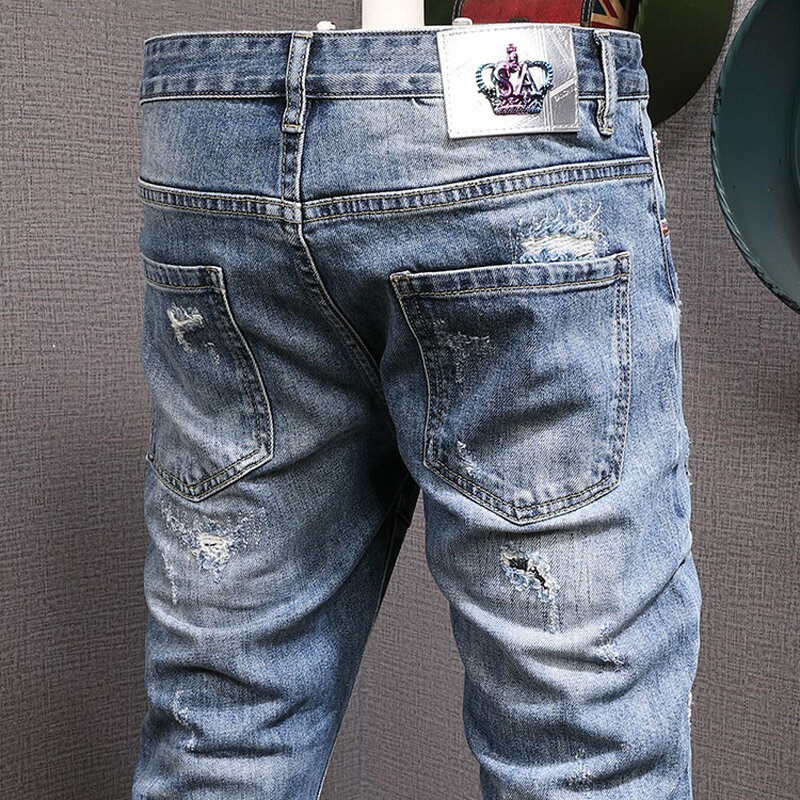 Streetwear Fashion Men Jeans Retro Blue Elastic Slim Fit Ripped Biker Jeans Homme Spliced Designer Patch Hip Hop Denim Pants Men