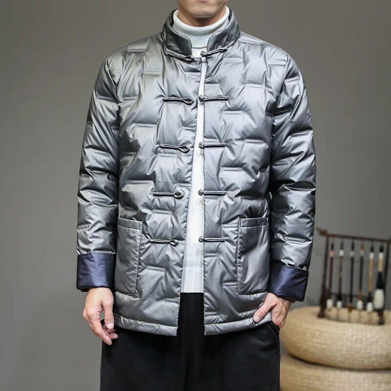 Japanese Styles Grey Duck Down Jacket For Men Streetwear Standing Collar Thicken Warm Plate Button parkas Down Jackets and Coats