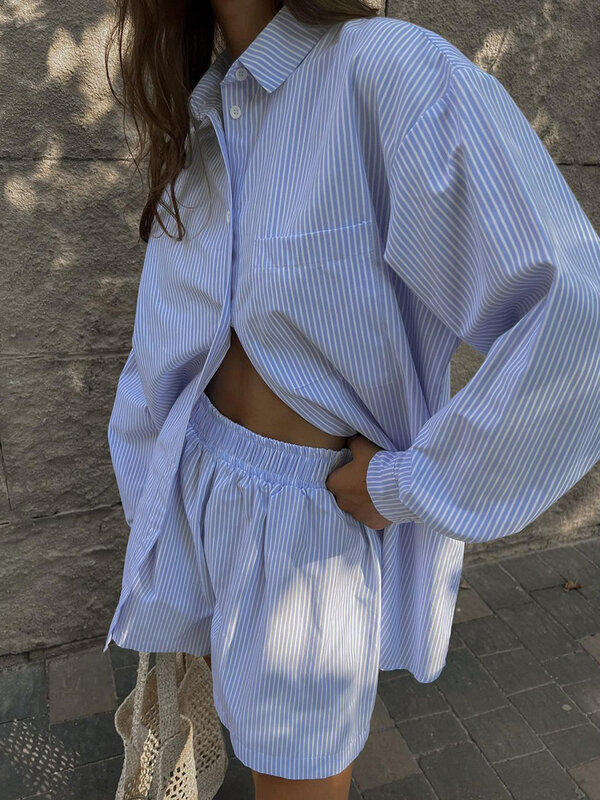 Marthaqiqi-camisolas de manga comprida para mulheres, fato de pijama feminino listrado com gola virada para baixo, shorts casuais, conjunto de camisola, novo, 2022