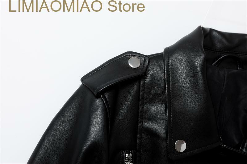 New Women's Spring Black faux-leather jacket Casual zipper and belt Cycling jacket Casual jacket jacket