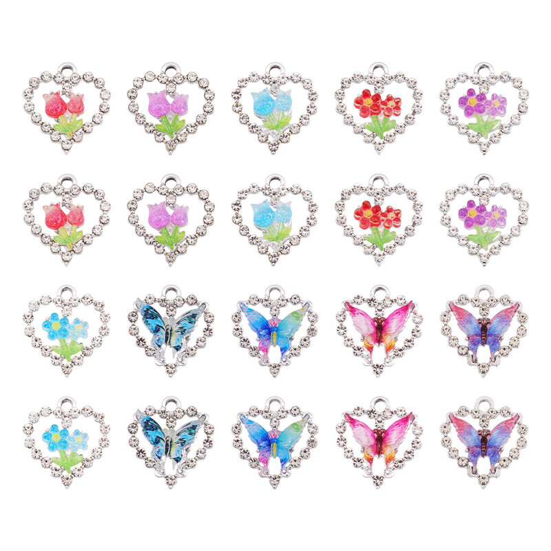 Liga de strass coração pingentes com flor e borboleta, encantos para brincos DIY, colar jóias fazendo, 20pcs