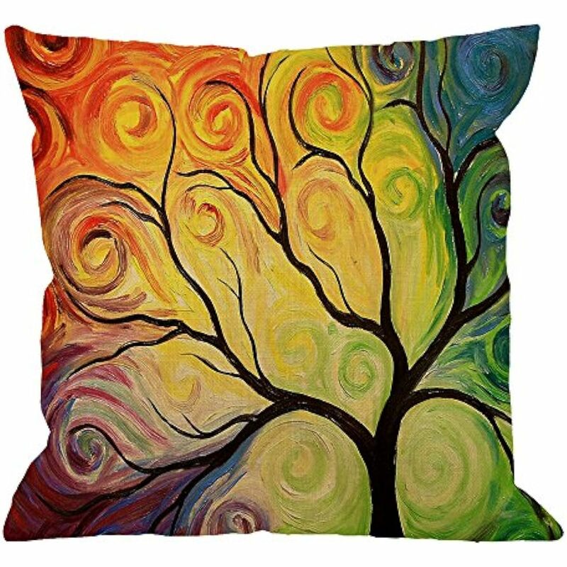 Sarung bantal lempar pohon, lukisan seni pohon kehidupan sarung bantal Linen katun standar persegi dekorasi Sofa/rumah