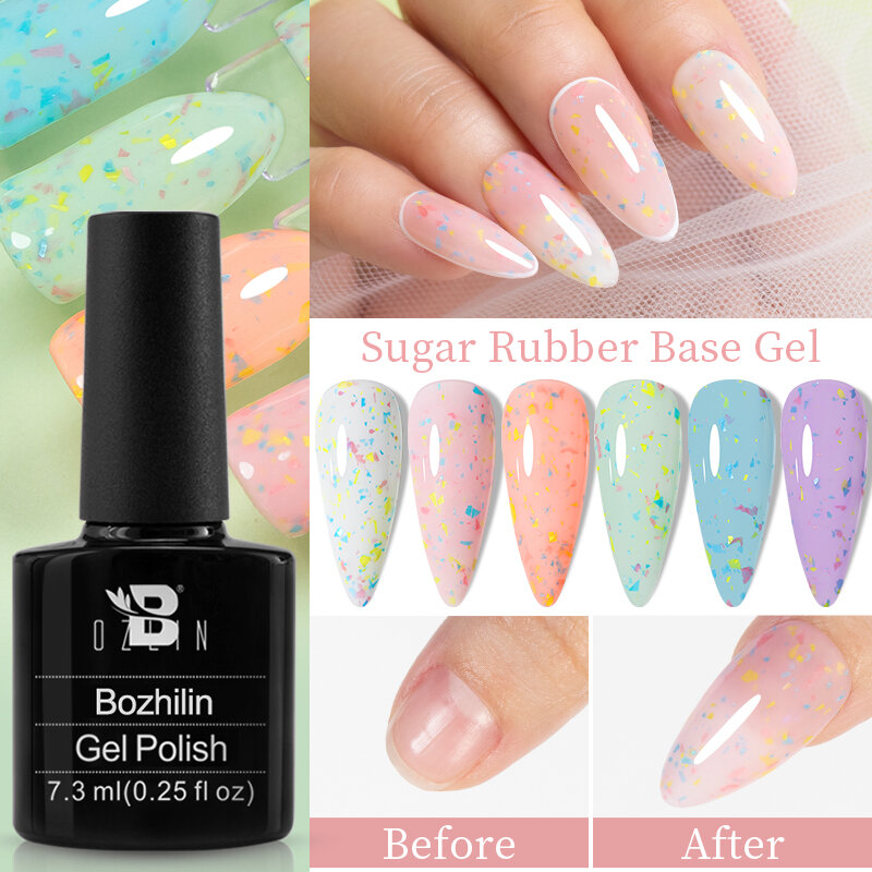 Bozlin 7.3ml açúcar cores base de borracha gel unha polonês glitter semi permanente unhas arte auto-nivelamento gel verniz manicure