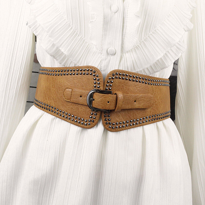 Correias elásticas largas elegantes para as mulheres do couro do plutônio moda cós com rebites de metal cravejado senhoras vestidos cintura cintas