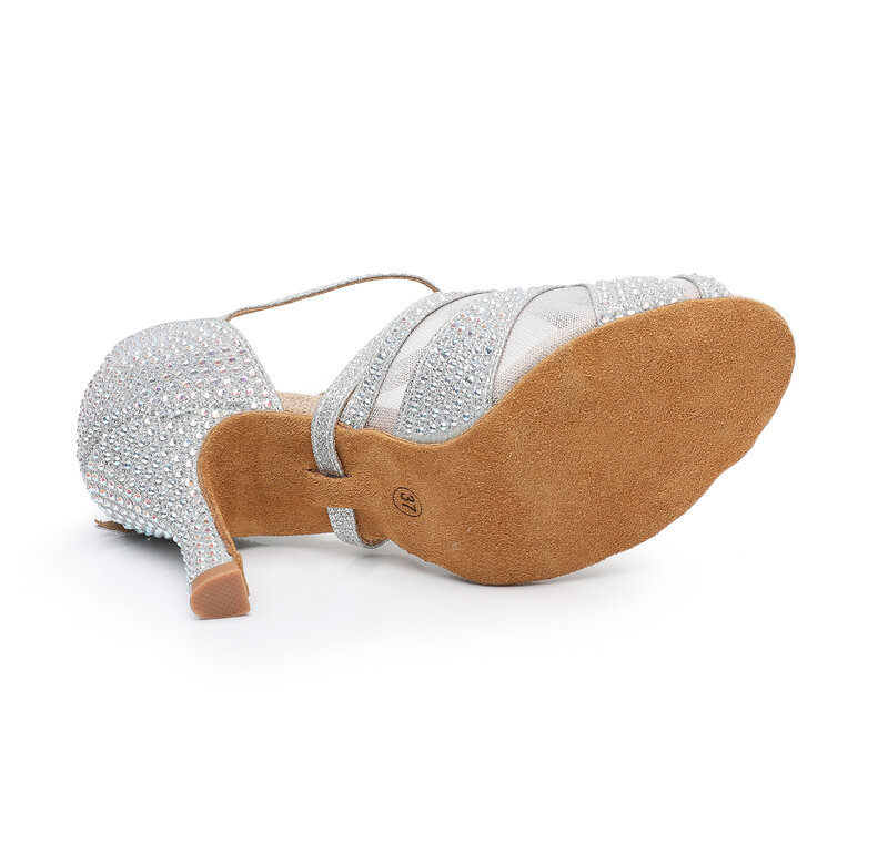 Zapatos de baile latino con diamantes de imitación para mujer, Sandalias de tacón alto de fondo suave para baile de salón y Tango, 7cm, novedad de verano