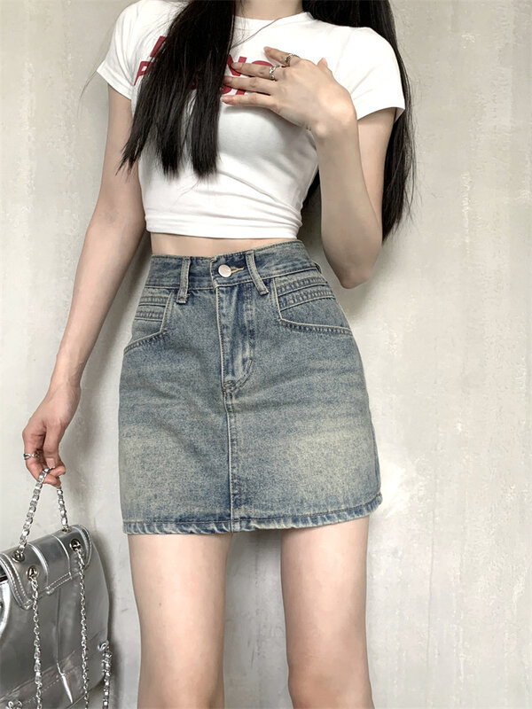 กระโปรงผ้ายีนส์เอวสูงของผู้หญิง MODE Korea ฟอกวินเทจฟอกสีขนาดเล็กสาวทันสมัย Y2k ฤดูร้อนย้อนยุคคลาสสิก