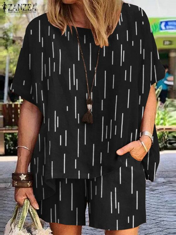 Костюм ZANZEA женский летний из 2 предметов, Свободный Повседневный Спортивный костюм, блузка с коротким рукавом и винтажным принтом в стиле оверсайз