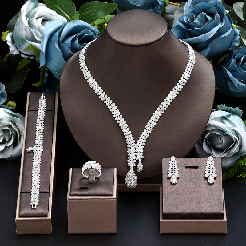 CZ Cristal conjunto de jóias para mulheres, noiva zircônia conjunto completo, luxo Dubai Nigéria Wedding Party, novo, 4 pcs, 2024