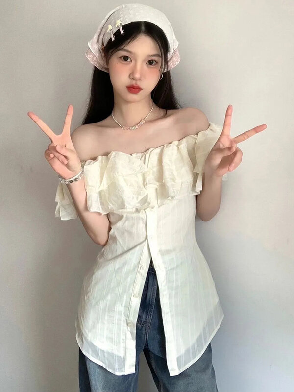 Jmprs Sexy Slash Hals Ruches Blouse Vrouwen Elegante Slanke Koreaanse Shirt Sweet Design Off Shoulder Mode All Match Casual Tops