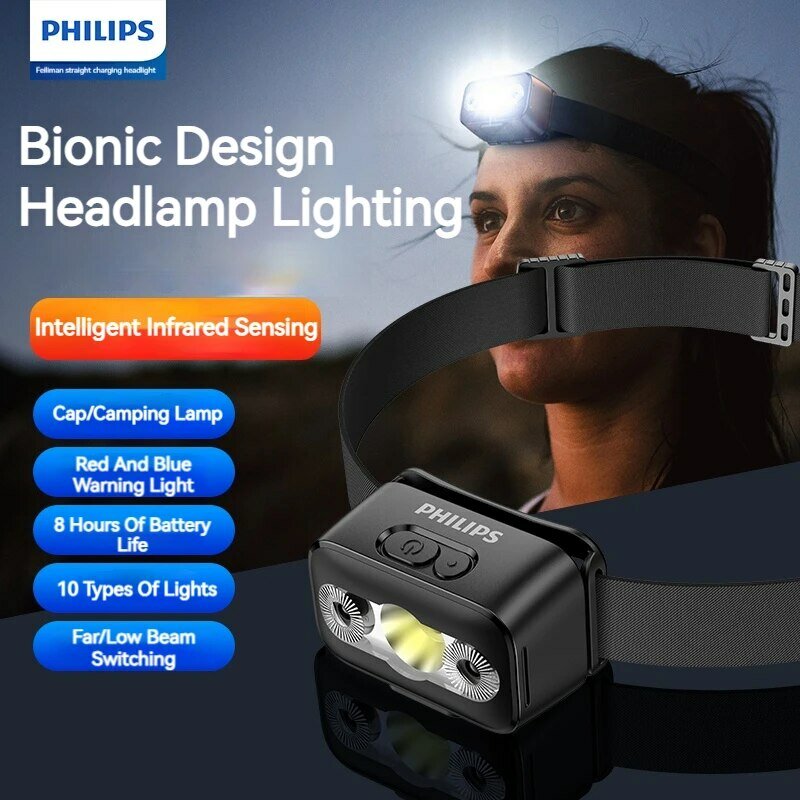 Latarka czołowa Philips LED z czujnikiem Dziesięć rodzajów oświetlenia Reflektor ładowany typu C Outdoor Camping Latarnia wędkarska