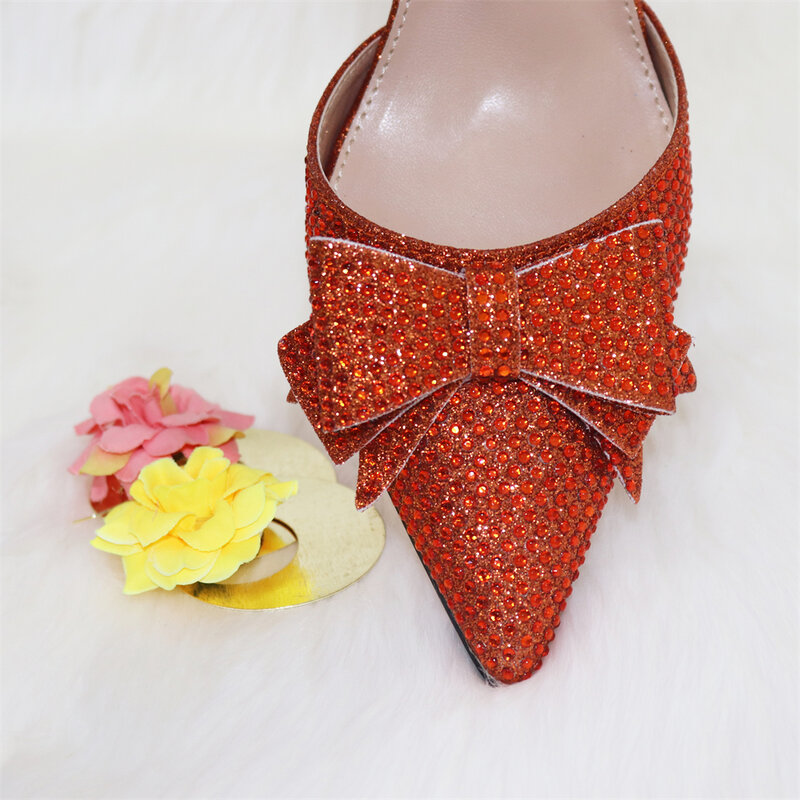 Venus Chan Orange Classics Design Nigerian Women Shoes Matching Bag Set with Shinning Crystal with Thin Heels for Garden Party