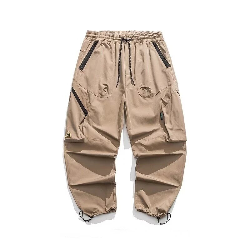 Calça cargosa de pernas largas masculina, calça com cordão, macacão fino, elasticidade japonesa Harajuku, bolsos múltiplos, tendência da moda verão