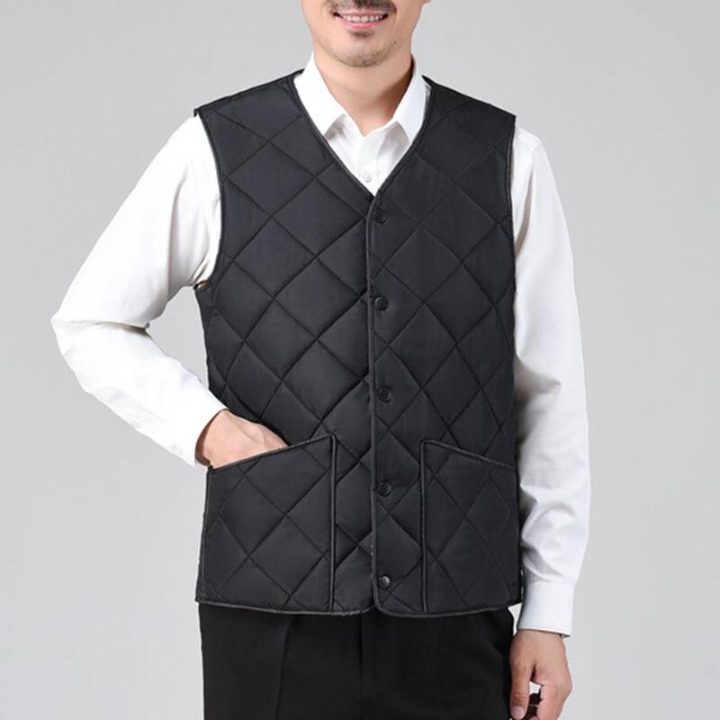 Men Vest Men's Winter Down Padding Vest with Button Closure V-neck Cold-proof Jacket with Pockets Stylish Warm Outerwear