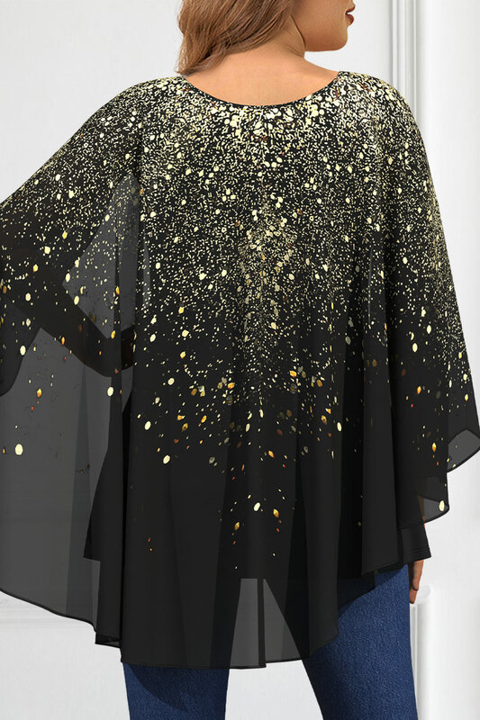 Flycurvy-Blusa de gasa negra de talla grande con lentejuelas brillantes, estampado de bronce, manga de capa