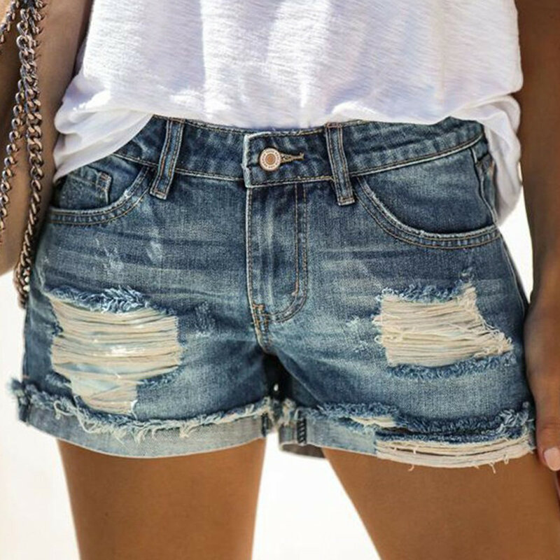 Shorts jeans casual feminino com bolsos, quebrando buracos, slim fit, vintage, lavado, versátil, moda verão