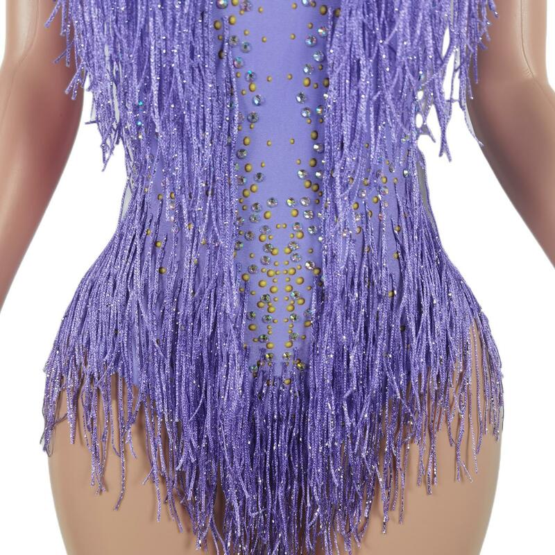 Новинка 2023, блестящее фиолетовое трико с бахромой, сексуальное боди с бахромой, костюм для латиноамериканских танцев, костюм для выступлений