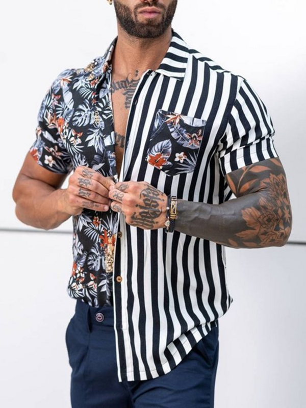 2022 wiosenna męska bluzka w roślinny wzór w stylu Casual, w paski koszule z nadrukiem Streetwear męska odzież Cardigan kieszeń z długim rękawem sukienka koszula