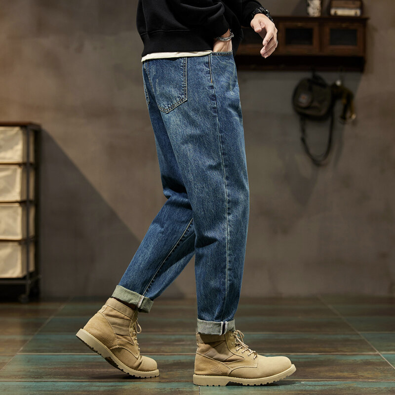 KSTUN Celana Jeans Harem Fit Longgar Celana Baggy Pria Pakaian Pria Musim Semi dan Dingin Biru Ukuran Besar 42 Inci Panjang Penuh