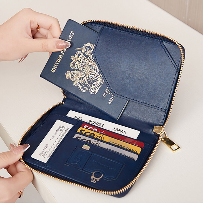 Carteira de viagem vintage para viagem de negócios, passaporte de couro portátil titular Zip de grande capacidade, nome personalizado