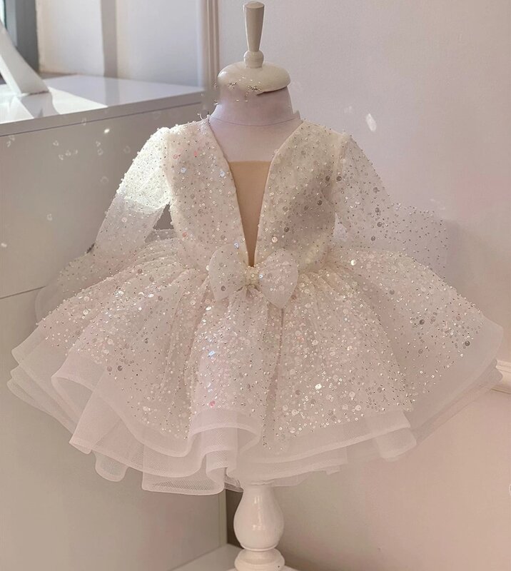 Luksusowe piórkowe dziecko sukienka na przyjęcie urodzinowe świecąca dziewczyna wesele suknia Puff dziewczęca sukienka w kwiaty słodkie dziecko pierwsza suknia
