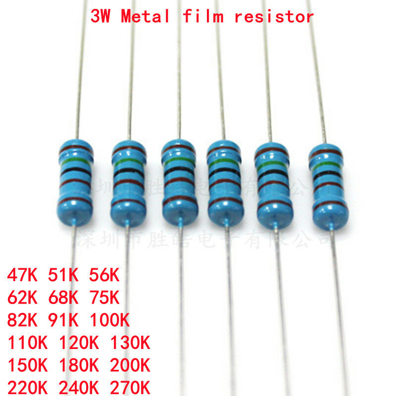 10piece 3W Metal Film Resistor 1% 47K 51K 56K 62K 68K 75K 82K 91K 100K 110K 120K 130K 150K 180K 200K 220K 240K 270K Ohm Accurate