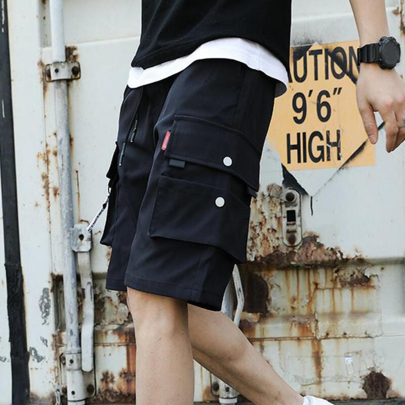 Mid-rise Sport Cargo Shorts Men's Summer Elastic Waistband Drawstring Cargo Shorts with Multiple Pockets Solid Color Straight