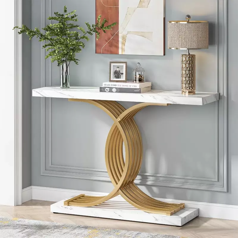 Modern Console Table Faux Marble Entryway Hallway Table With Geometric Gold Metal Legs 40-Inch Narrow Wood Bedside Cabinet Side