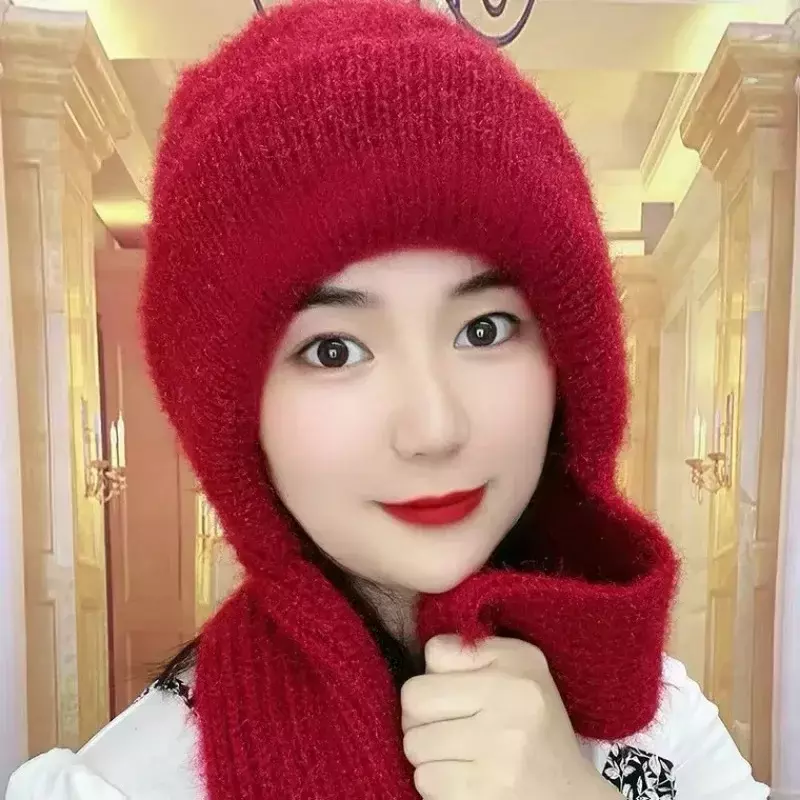 Women Knitted Integrated Cap Scarf Winter Warm Thickening Beanie Hat Scarf Casual Soft Neck Warmer Gifts for Girls