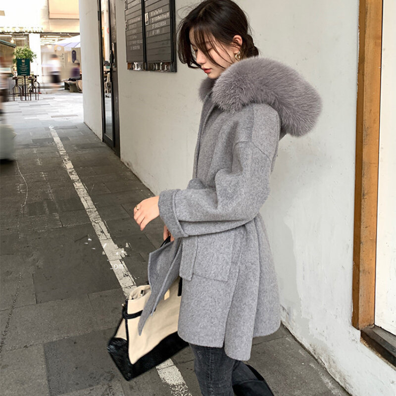 Luxury Loose Warm Winter Fox Fur Collar Hooded Wool Cashmere Coat Women Mid-length Woolen Jacket Outerwear Streetwear 2023