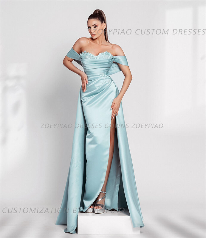 Błękitne arabskie koronkowe sukienki na bal maturalny wysoki rozcięcie szata De Soiree aplikacje suknie wieczorowe długa sukienka celebrytów z odkrytymi ramionami