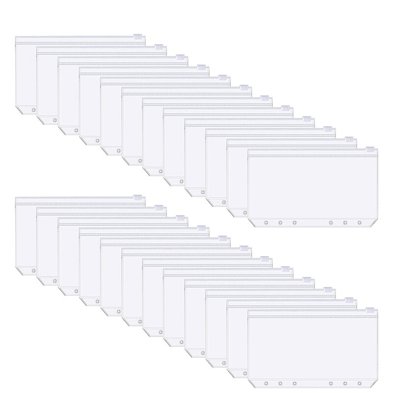 25Pcs A6 Binder Pockets Transparent PVC 6-Hole Binder Pockets Zip Folder Plastic Money Budget Envelopes