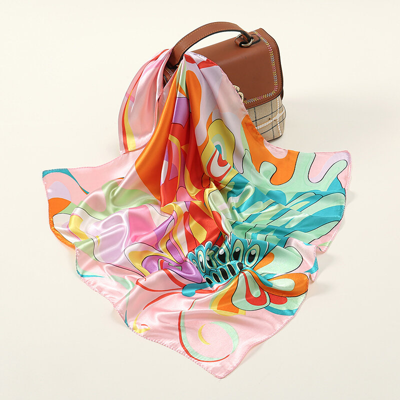 Bufandas cuadradas de seda de lujo pañuelos Retro con estampado de moda pañuelo Vintage de satén para bolso diadema pequeña Floral 60x60cm 2023