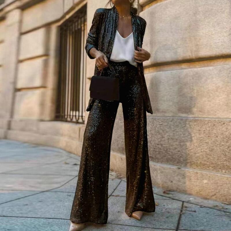 Conjunto de calças de lantejoulas feminino, cardigã formal, cintura alta, calças largas, casaco de cor sólida, longo, estilo trajeto, brilhante
