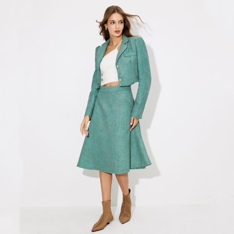 TAOP&ZA Women's 2024 Spring Temperament Suit Small Fragrance Style Short Blazer + High Waist Mid-Length Skirt