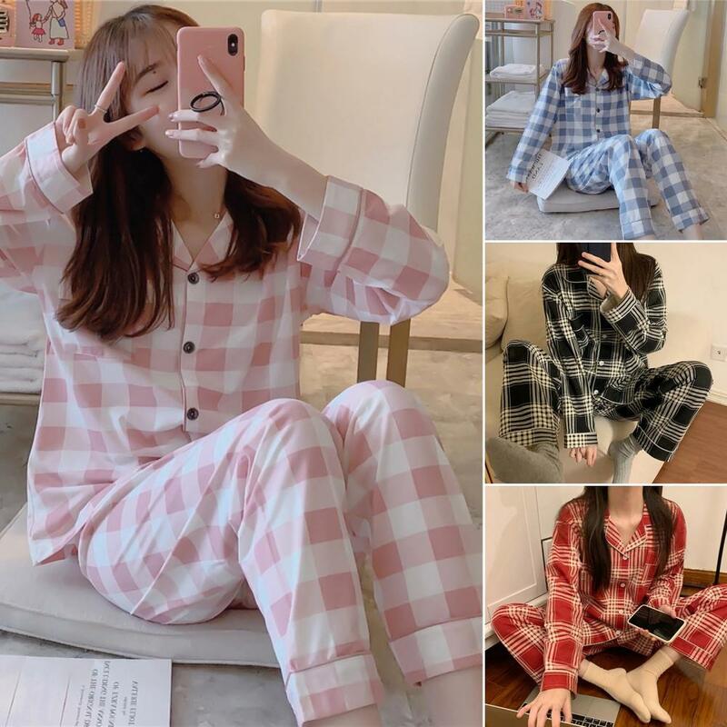 Conjunto de pijama xadrez estampado feminino, camisa manga comprida, calça larga, casual para casa, primavera, verão
