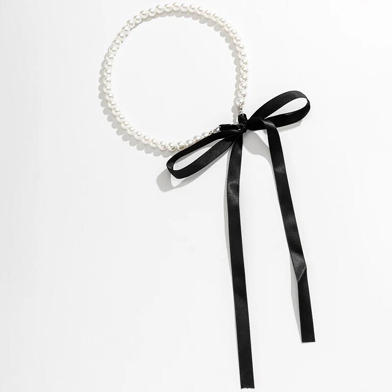 Tendência Wedding Party Jewelry Long Black Ribbon Gargantilha Colar Para As Mulheres Elegant White Imitation Pearl Beach Vacation Colares