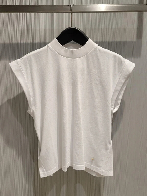Camiseta feminina de metal decor branca, gola alta, casual, simples, sem mangas, moda elegante, lady tops, camiseta de verão, novo, 2024