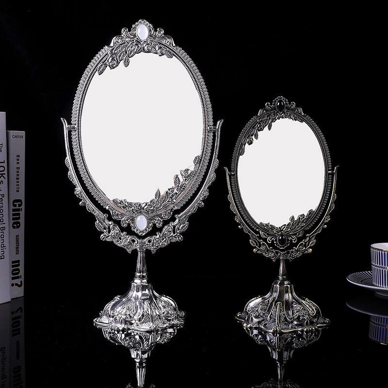 Home Bedroom Ins Vintage Style Makeup Mirror Two Sided Swivel Desk Type Oval Mirror with Exquisite Metal Embossed Stand