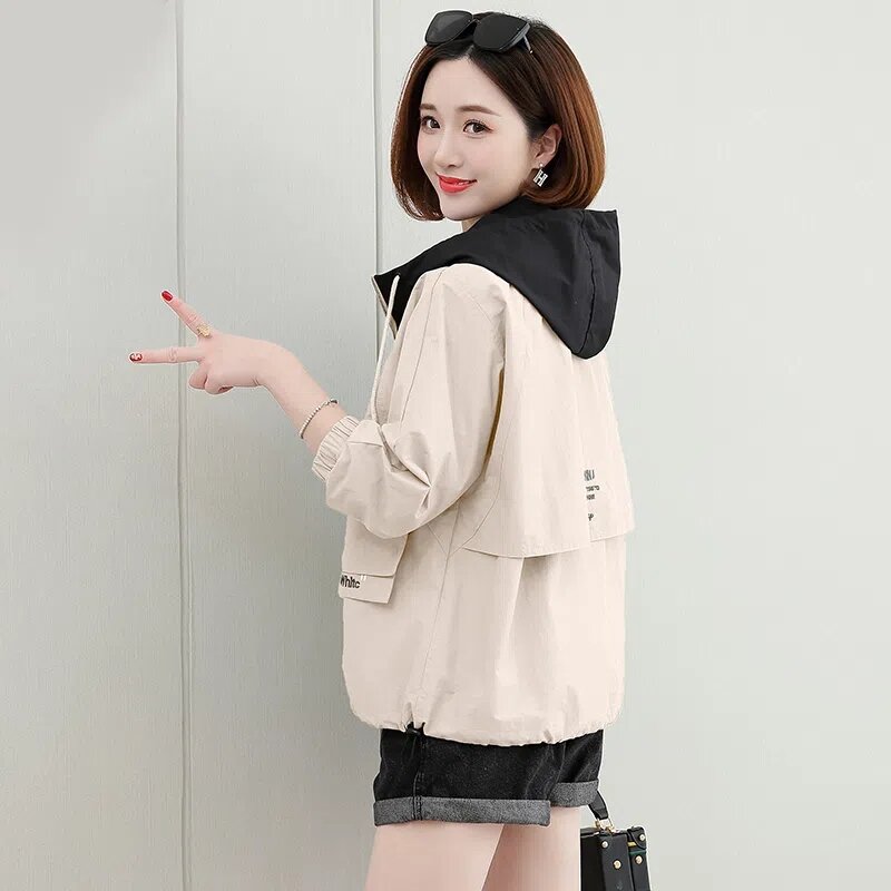 NEW 2023 Spring Autumn Jacket Korean Style Women's Coat Tops Fashion Zipper Casual Short Hooded Windbreaker Outerwear Female