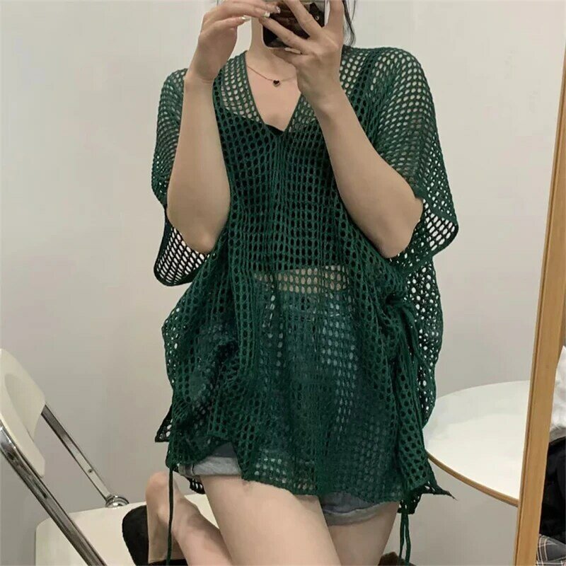 V-neck Hollow Out Overall Short Sleeve Dress Women Summer Casual Loose Cover