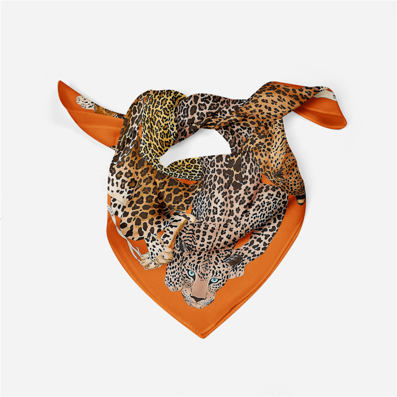 Twill Silk Scarf Woman Leopard Painting Square Scarves Wraps Bandana Small Hijab Silk Foulards Tie Headband Neckerchief 53CM