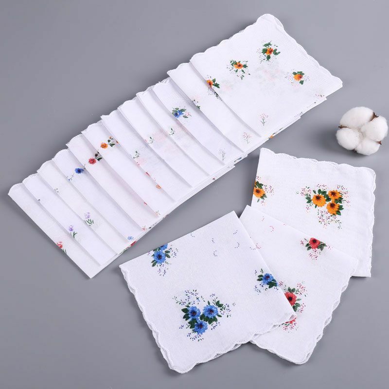 12pcs 28X28CM Women's Cotton Handkerchiefs Assorted with Wavy Edge and Print Floral Flowers Hanky Cotton Handkerchief