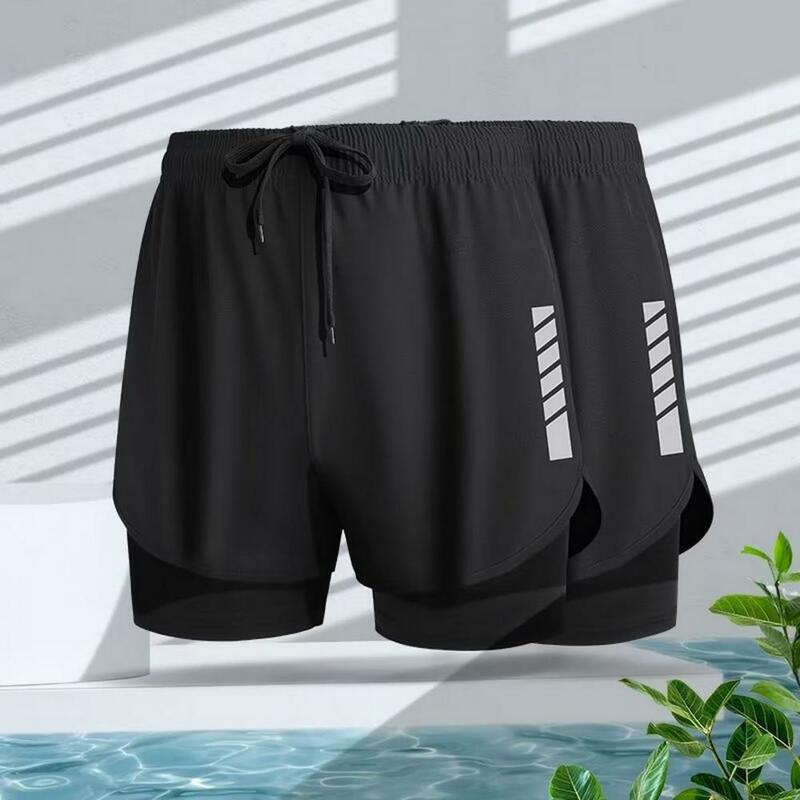 Shorts de banho de secagem rápida masculino com camadas duplas, esportes aquáticos, jogging, slim fit, design conservador, verão