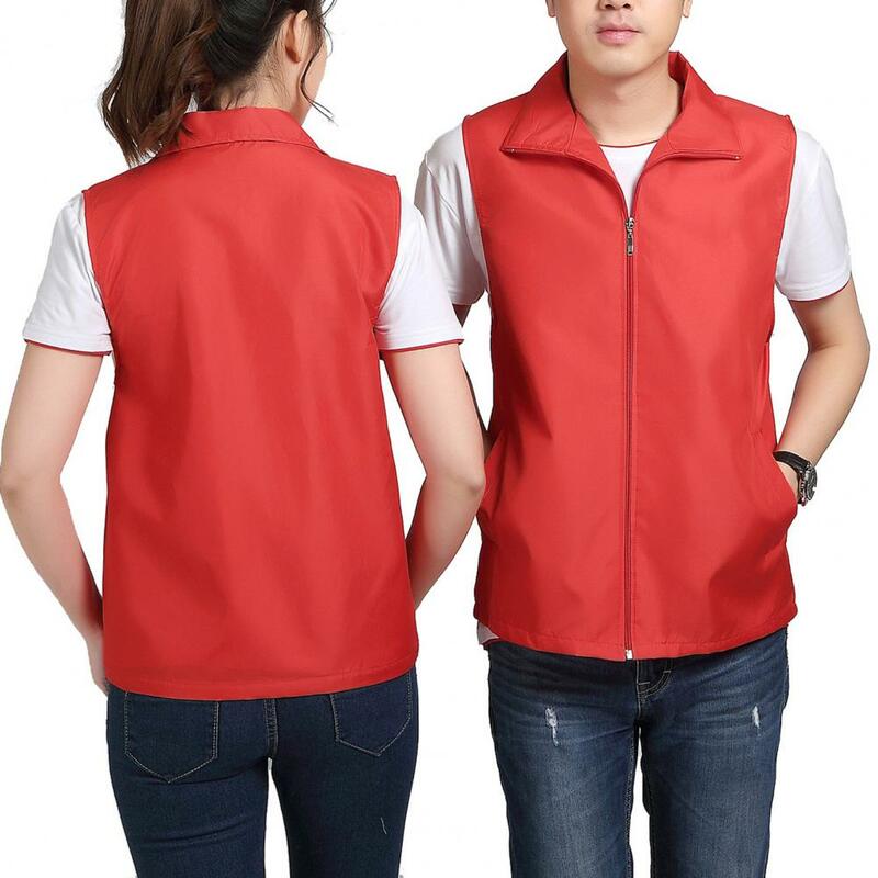 Lapel Sleeveless Pockets Zipper Placket Work Vest Mesh Lining Volunteer Vest Bright Color Slim Fit Work Waistcoat For Outdoor