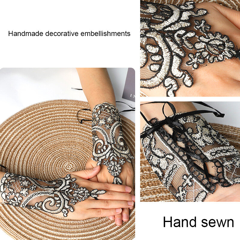 1 Paar Aantrekkelijke Holle Borduurwerk Kant Bruiloft Accessoires Vingerloze Handschoenen Banket Vrouw Unieke Mooie Delicate