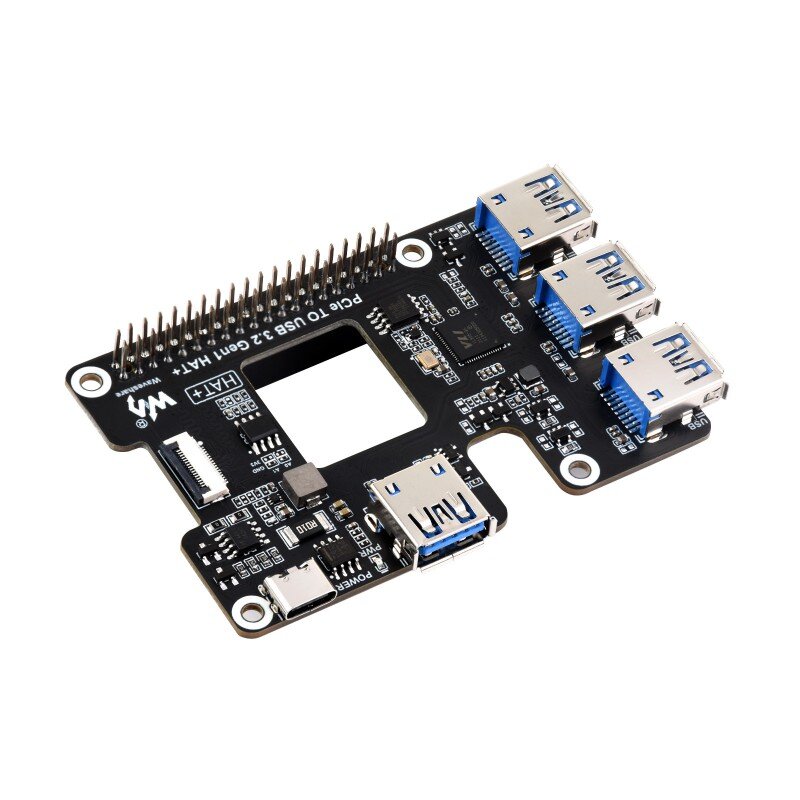 PCIe To USB 3.2 Gen1 HAT for Raspberry Pi 5, PCIe to USB HUB, 4x High Speed USB Ports, driver-free, plug and play HAT + Standard