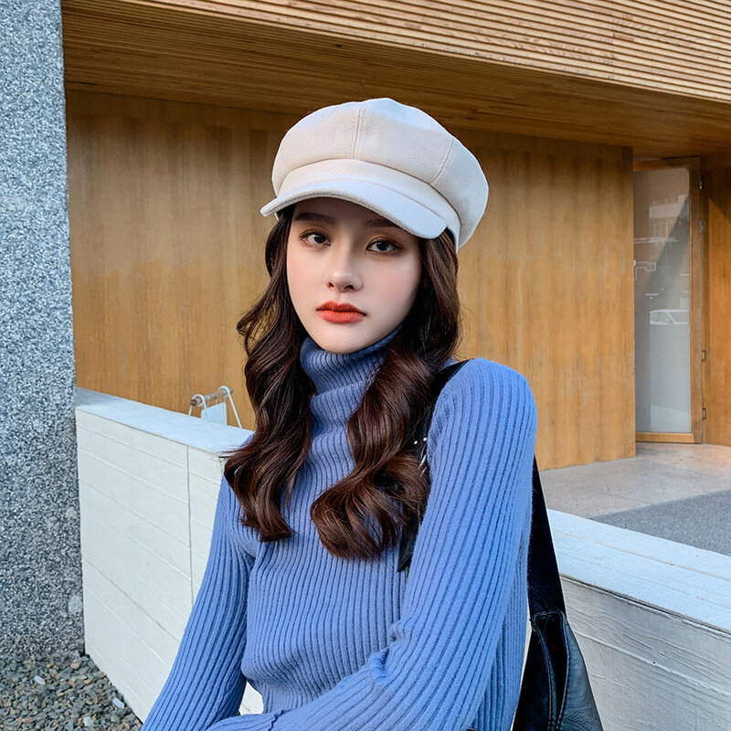 Однотонная шерстяная восьмиугольная шапка в японском и корейском стиле женский осенне-зимний утепленный теплый берет Ретро шапка художника