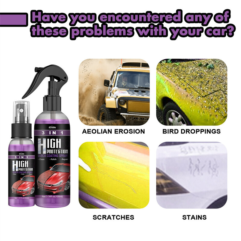 Spray de revêtement céramique de voiture, 3 en 1, revêtement céramique, polissage, pulvérisation, avertissement, dissolvant de réparation de rayures de peinture de voiture, 30ml, 100ml