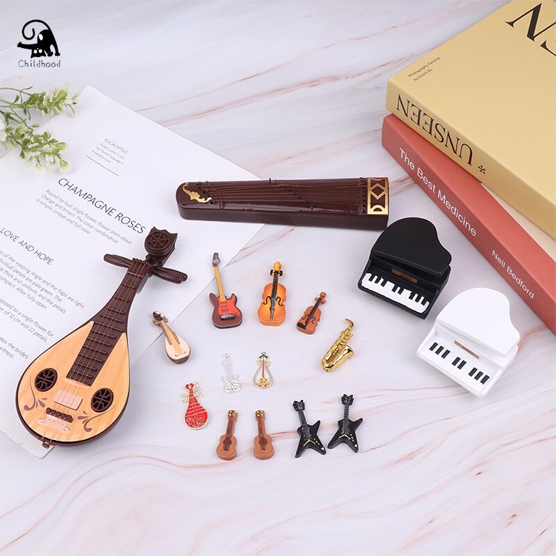 Dollhouse Miniature Simulation Violino Guitarra e Piano, Instrumento Modelo Brinquedos, Acessórios Decoração